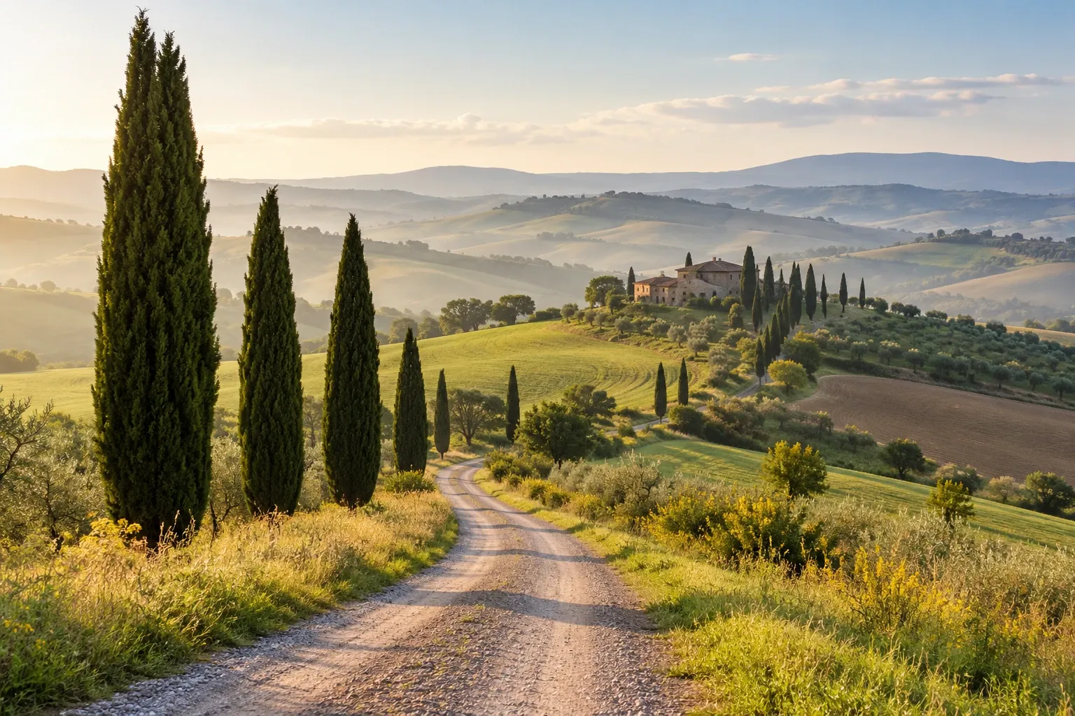 Strada bianca tortuosa fiancheggiata da cipressi verso casale su colline toscane al tramonto