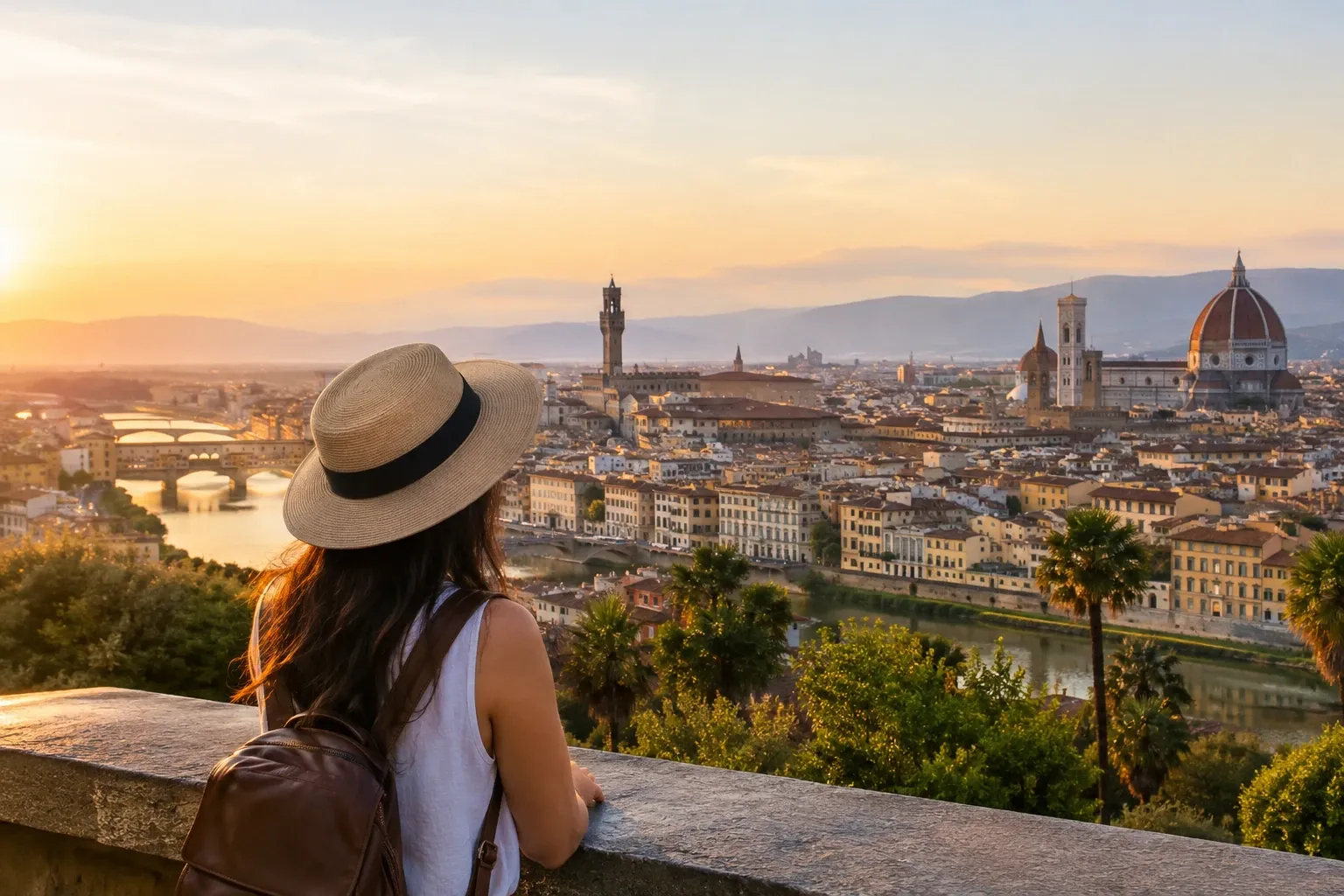 Donna con cappello e zaino che guarda Firenze al tramonto, Duomo e Arno visibili