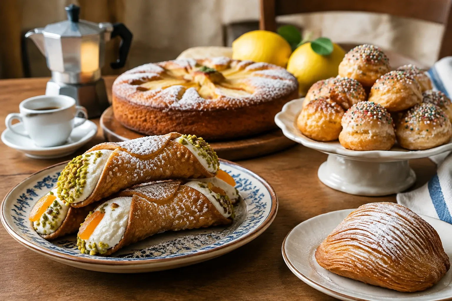 Cannoli ripieni di ricotta con pistacchi, torta, bigné e sfogliatella su tavolo rustico
