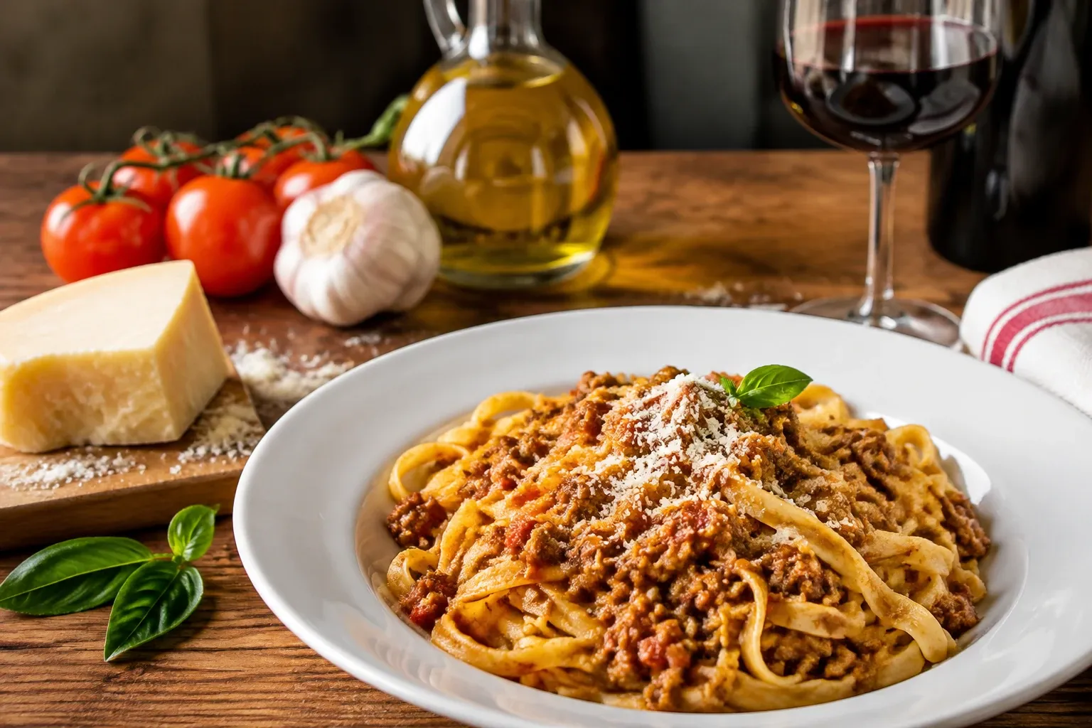 Tagliatelle al ragù servite in piatto bianco con basilico e parmigiano shredded