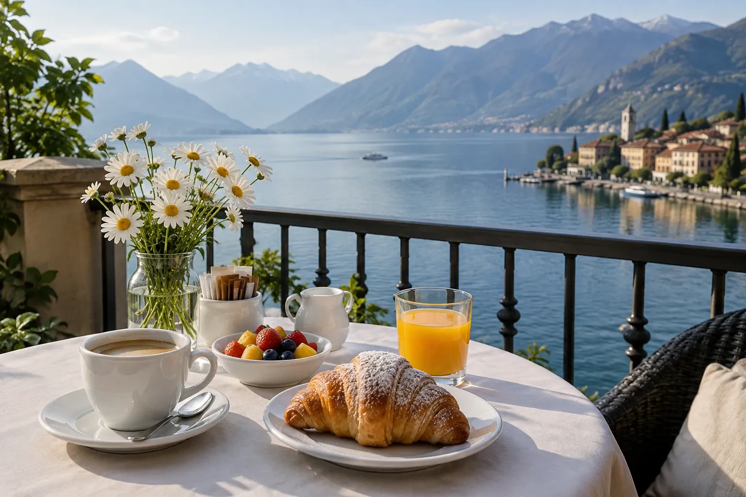 Tavolo della colazione su un balcone con vista sul lago