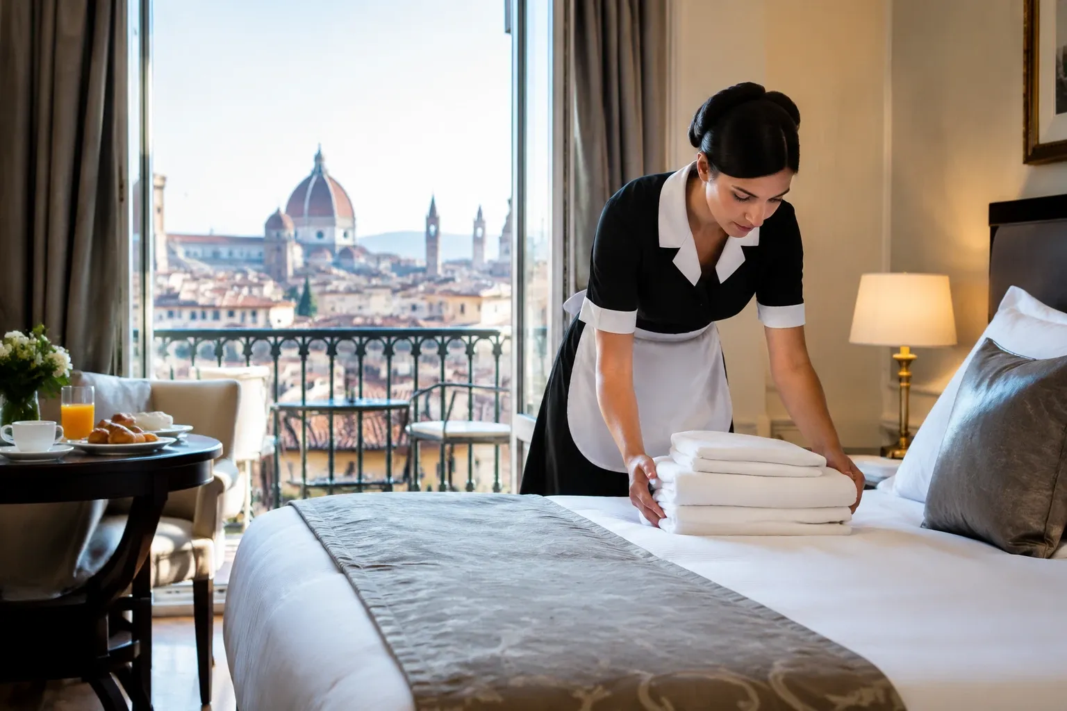 Cameriera d'albergo prepara lenzuola sul letto con vista Firenze e Duomo sullo sfondo