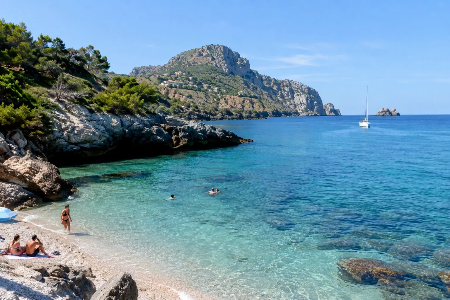 Spiaggia rocciosa con acqua turchese, bagnanti, scogliere verdi e barca a vela