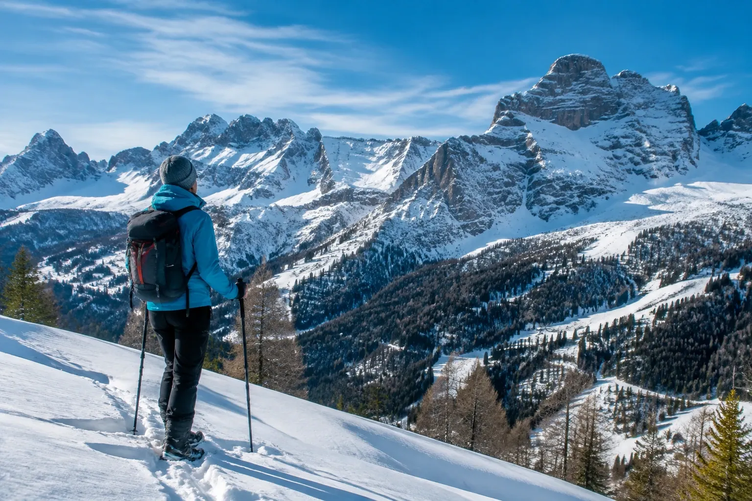 Escursionista con zaino e bastoncini osserva panorami innevati delle Dolomiti in inverno