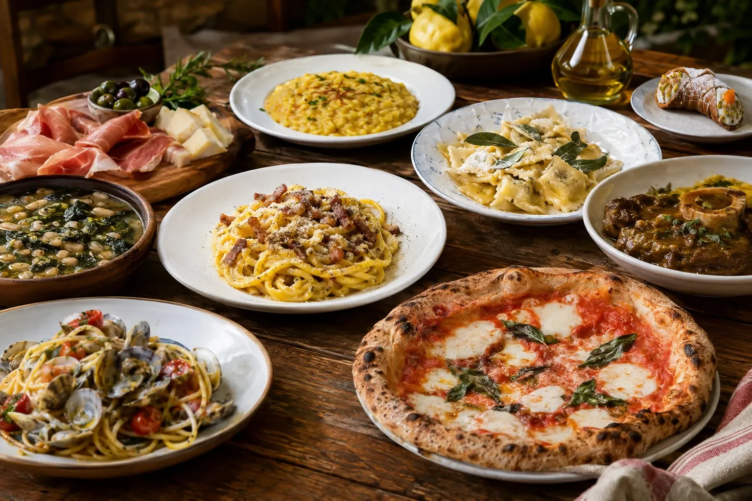 Tavola rustica con pizza margherita, spaghetti alle vongole, carbonara e risotti variados