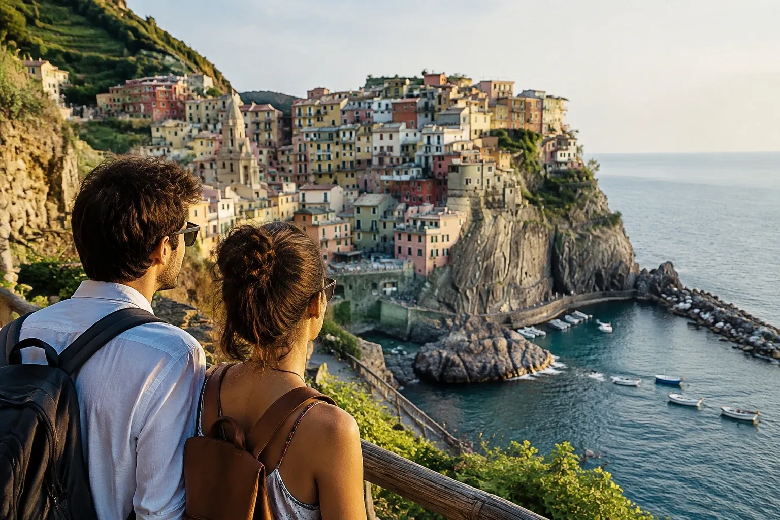 Coppia con zaini guarda il borgo colorato di Manarola e il mare calme