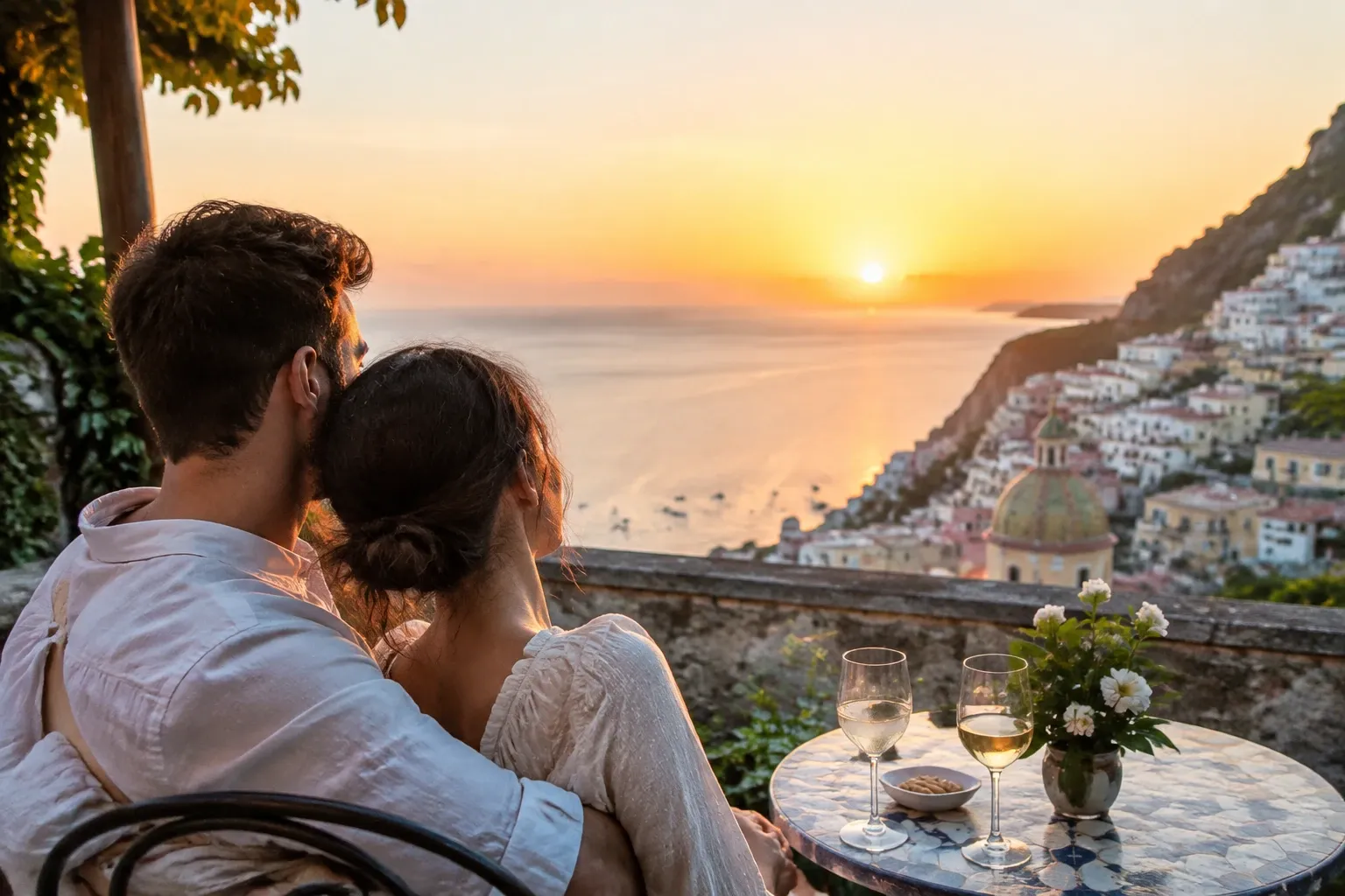 Coppia abbracciata su terrazza che guarda il tramonto sulla Costiera Amalfitana, bicchieri di vino sul tavolo